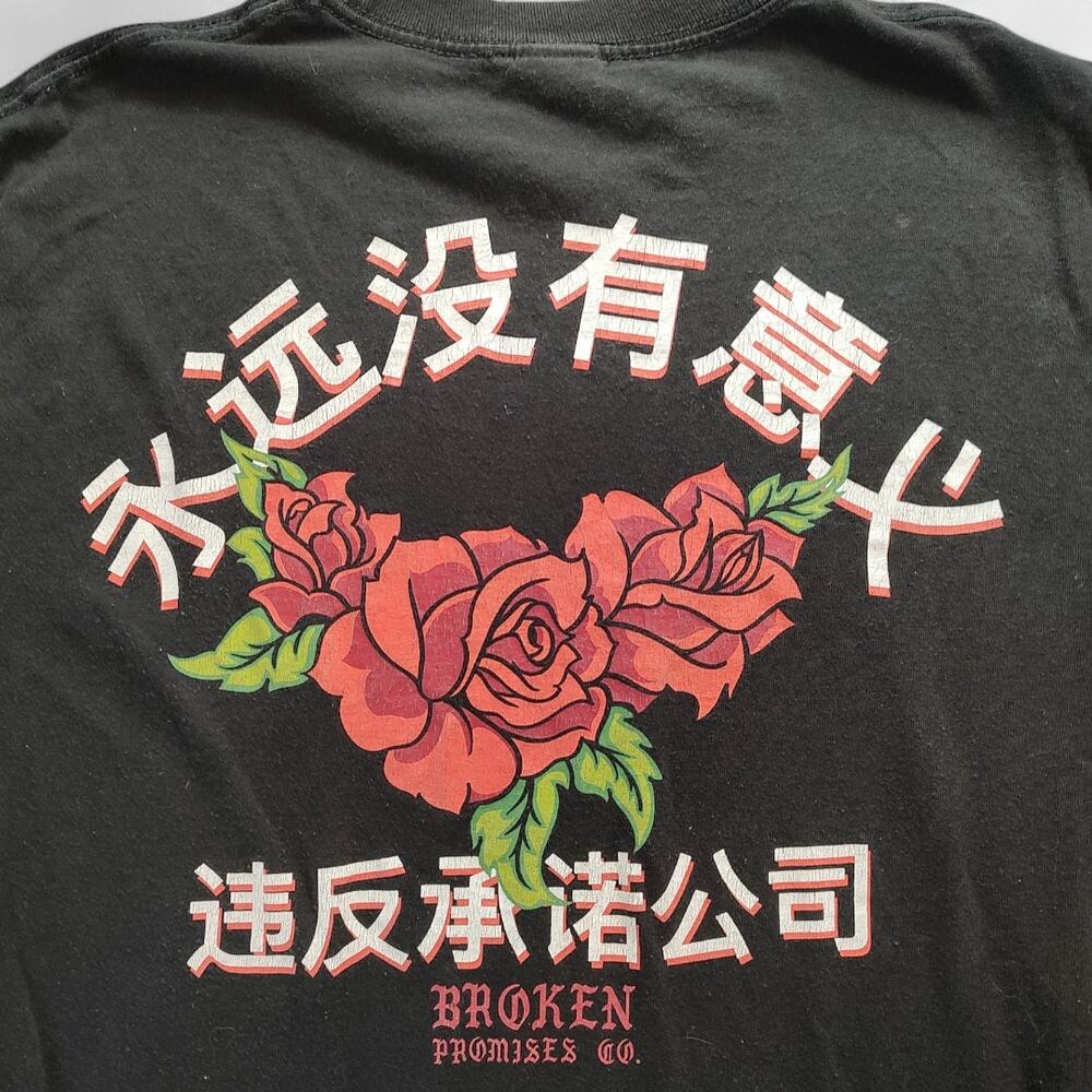 Broken‎ Promises Grunge Rose Graphic J-Pop Kanji Streetwear Tee M Indie Sleaze - Picture 3 of 8